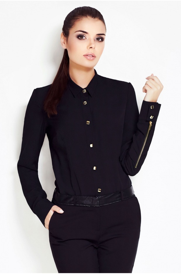 Elegancka Koszula w Intensywnym Kolorze Czarnym – Klasyka z Charakterem - detal