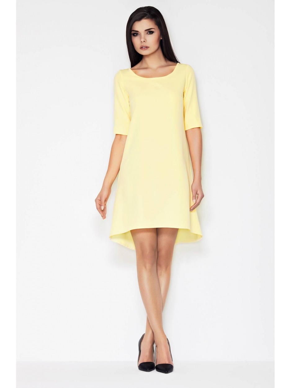 Asymetryczna sukienka trapezowa z krótkimi rękawami, żółty - tył