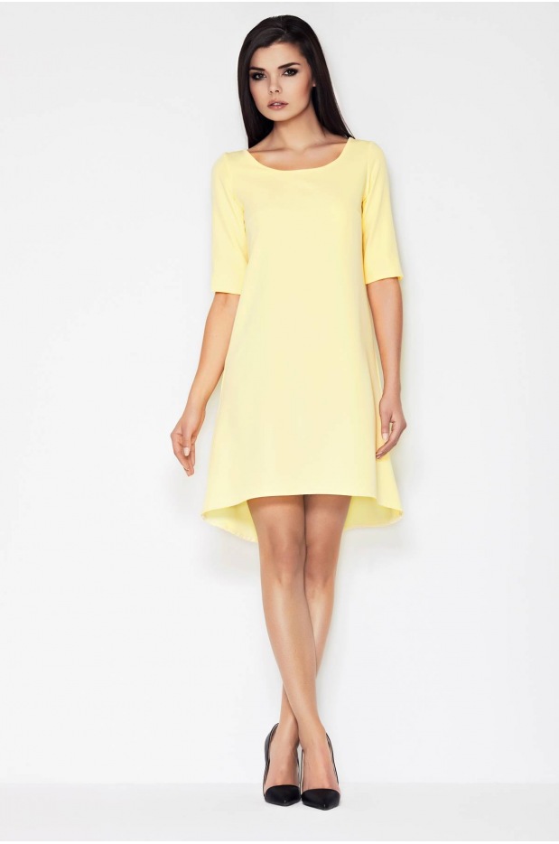 Asymetryczna sukienka trapezowa z krótkimi rękawami, żółty - tył