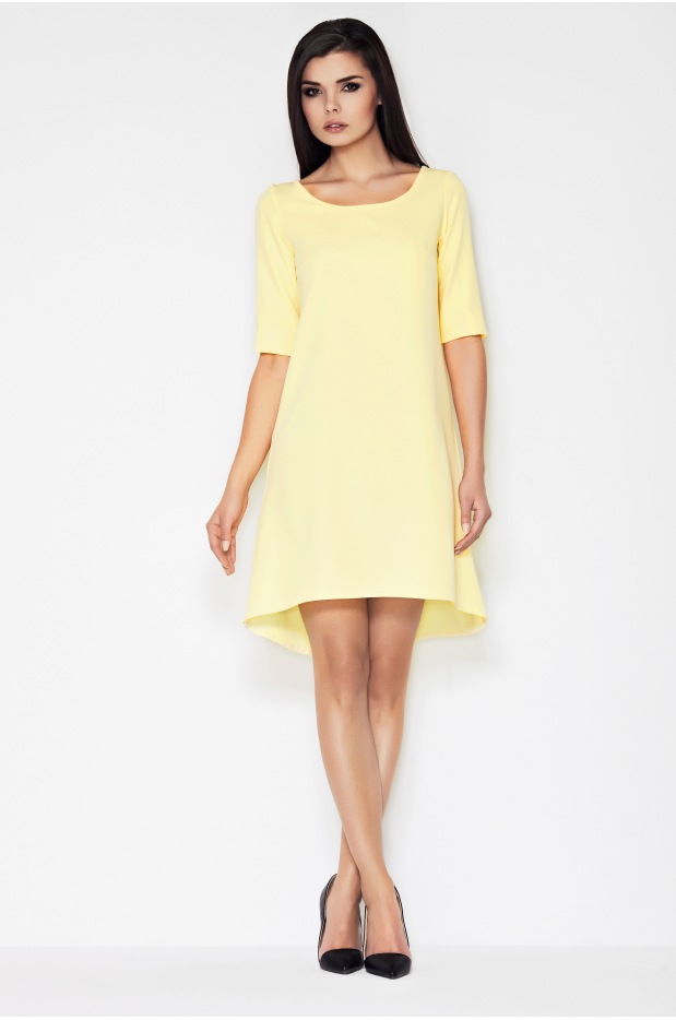 Asymetryczna sukienka trapezowa z krótkimi rękawami, żółty - lewo