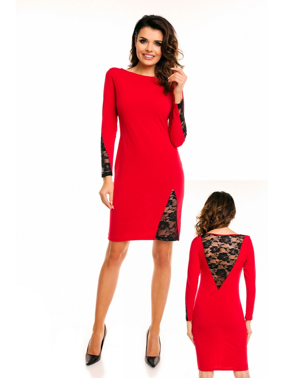 Elegancka, dopasowana sukienka dzianinowa z koronkowymi dodatkami, czerwona - lewo
