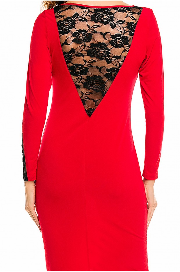 Elegancka, dopasowana sukienka dzianinowa z koronkowymi dodatkami, czerwona - góra
