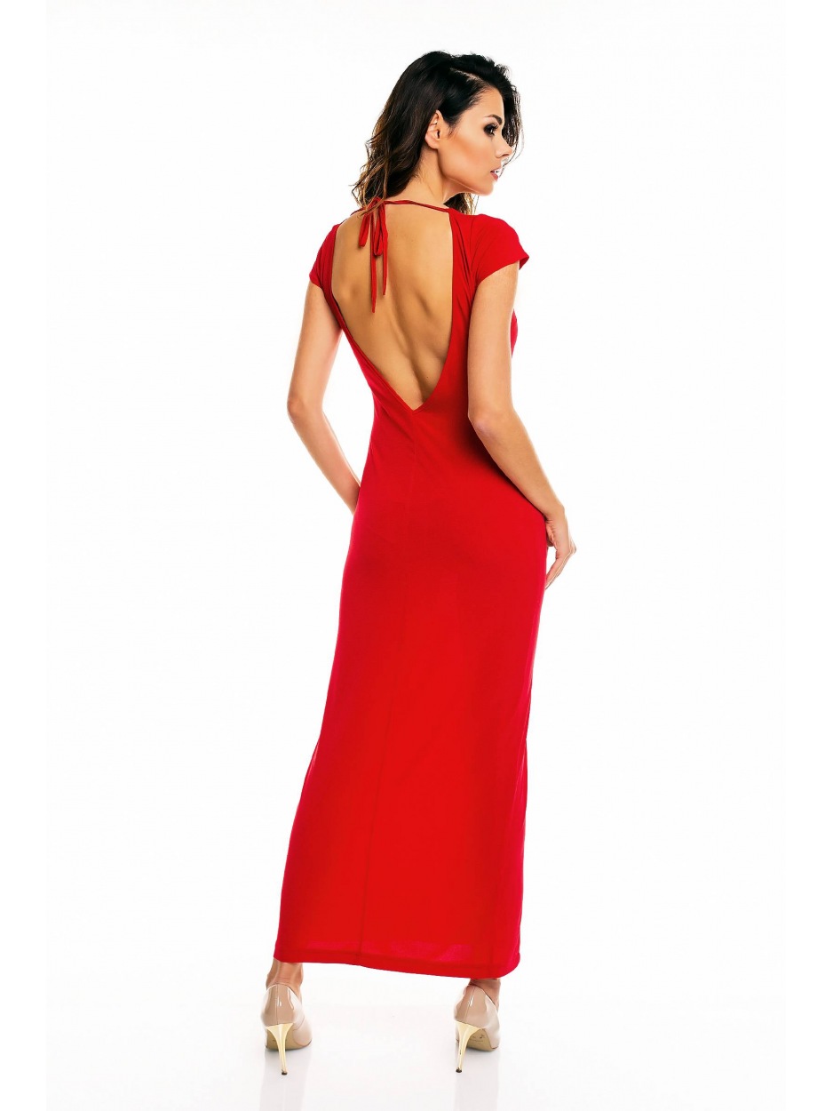 Elegancka sukienka dzianinowa maxi z rozporkiem i krótkimi rękawami, czerwony - przód