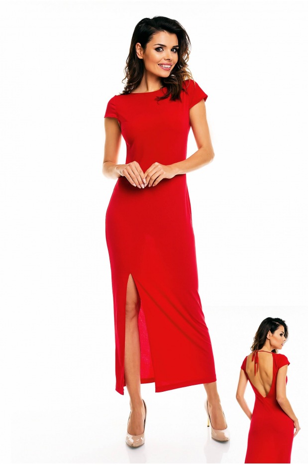 Elegancka sukienka dzianinowa maxi z rozporkiem i krótkimi rękawami, czerwony - bok
