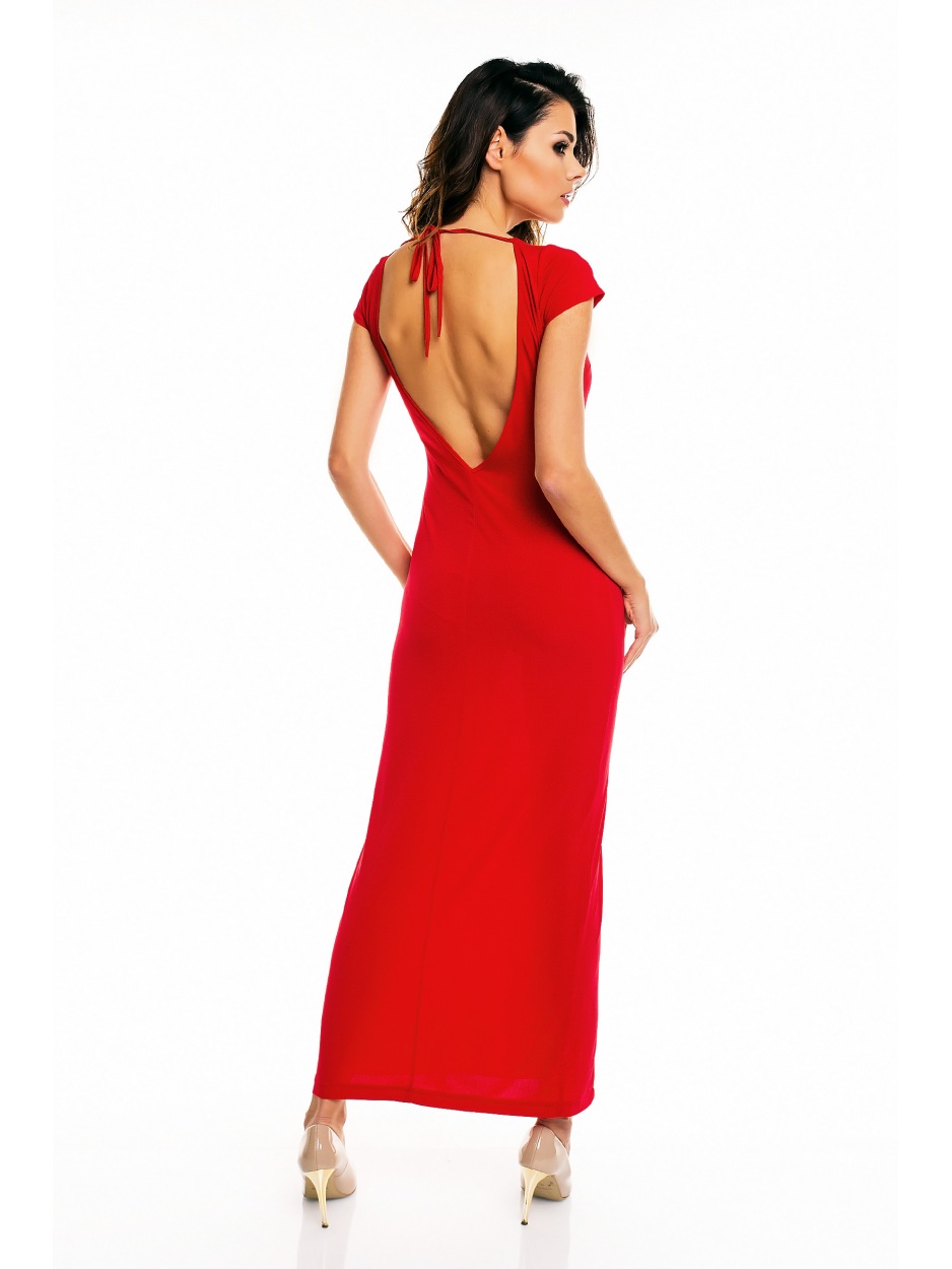 Elegancka sukienka dzianinowa maxi z rozporkiem i krótkimi rękawami, czerwony - góra