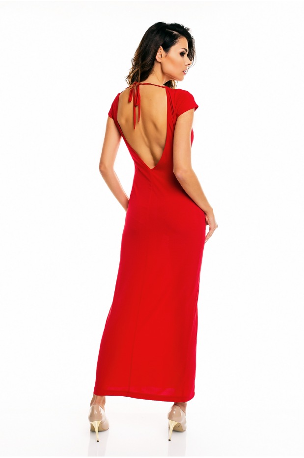 Elegancka sukienka dzianinowa maxi z rozporkiem i krótkimi rękawami, czerwony - góra
