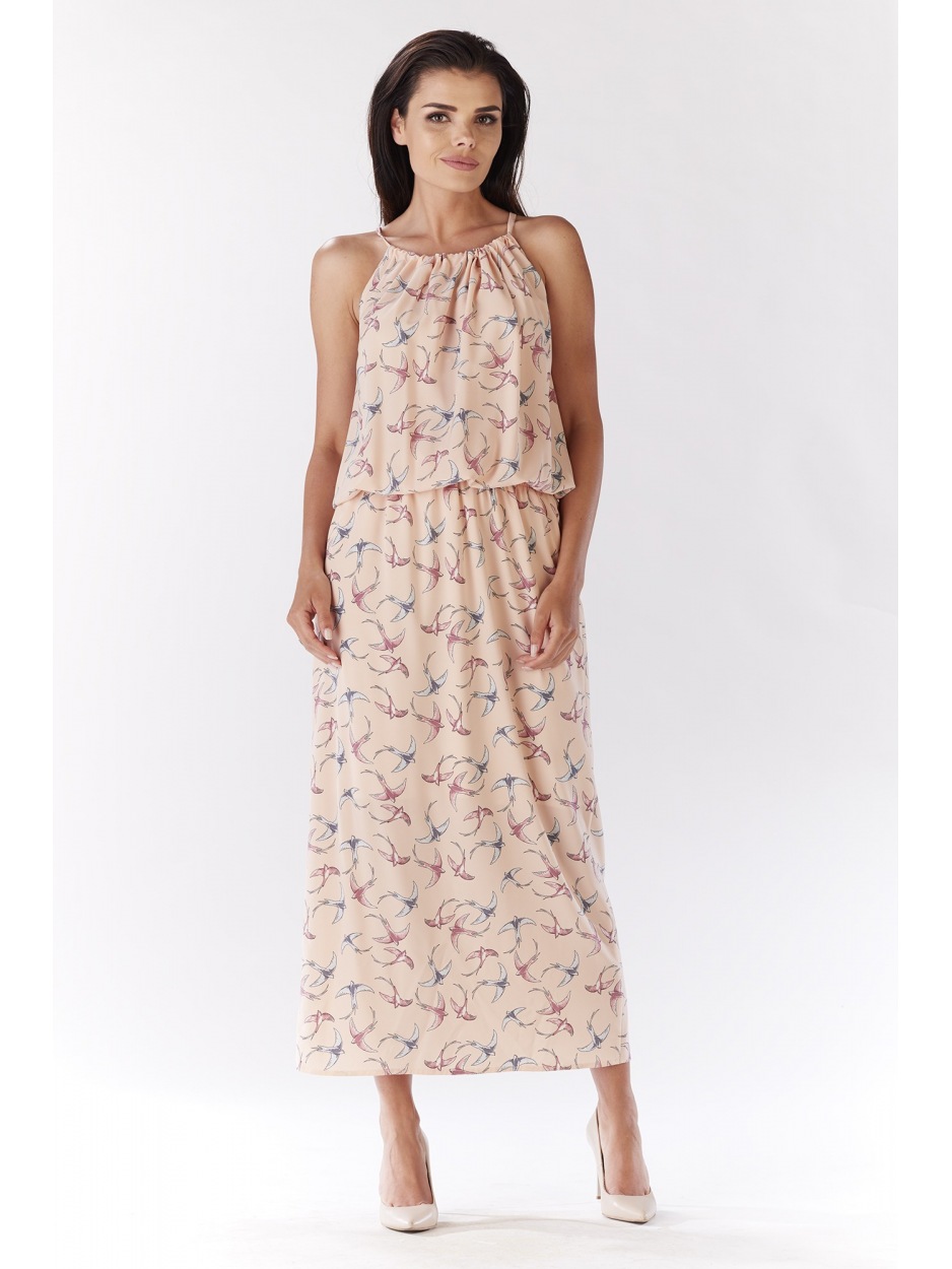 Luźna, letnia, zwiewna sukienka maxi z dekoltem halther, różowe ptaki - tył