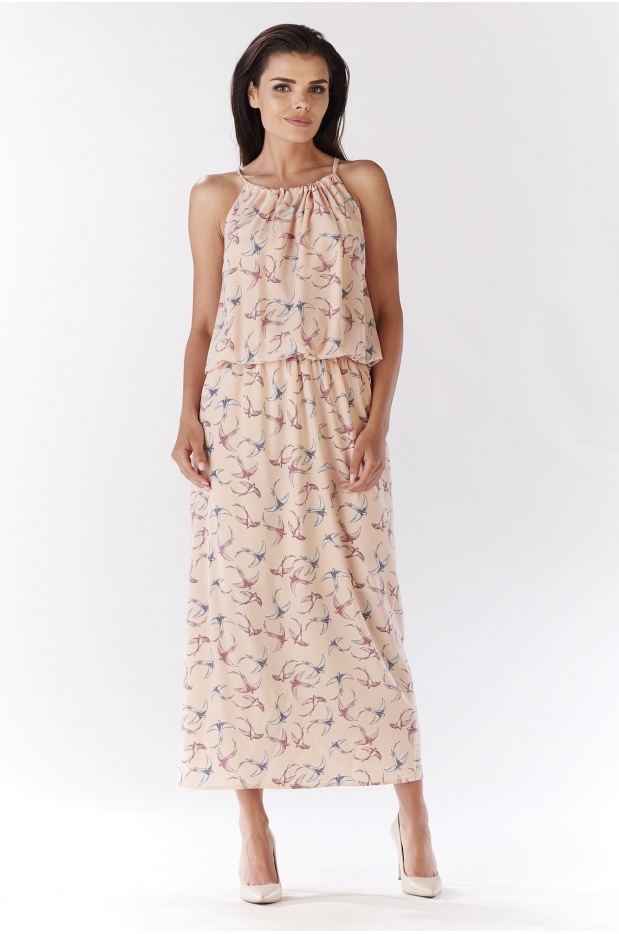 Luźna, letnia, zwiewna sukienka maxi z dekoltem halther, różowe ptaki - tył