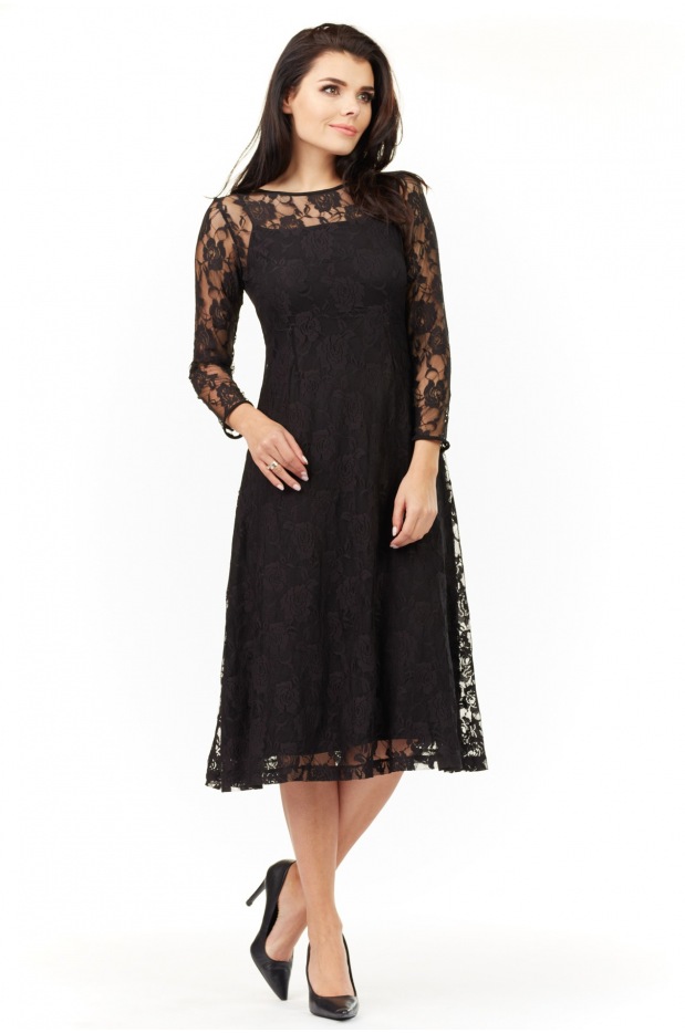 Elegancka, koronkowa sukienka rozkloszowana midi z długimi rękawami, czarna - tył