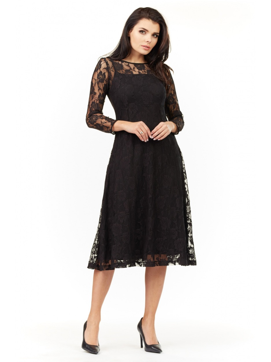 Elegancka, koronkowa sukienka rozkloszowana midi z długimi rękawami, czarna - przód