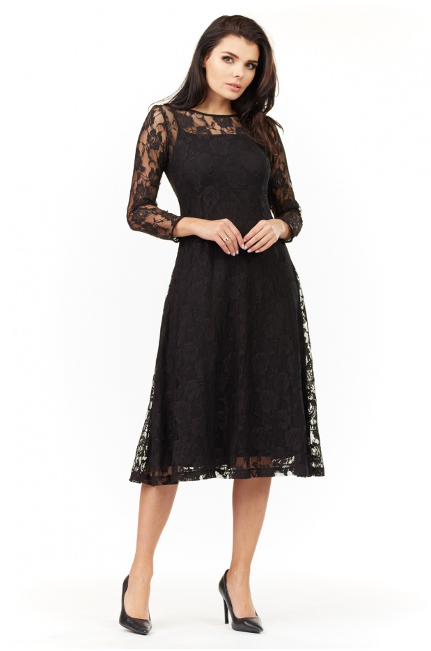Elegancka, koronkowa sukienka rozkloszowana midi z długimi rękawami, czarna - przód