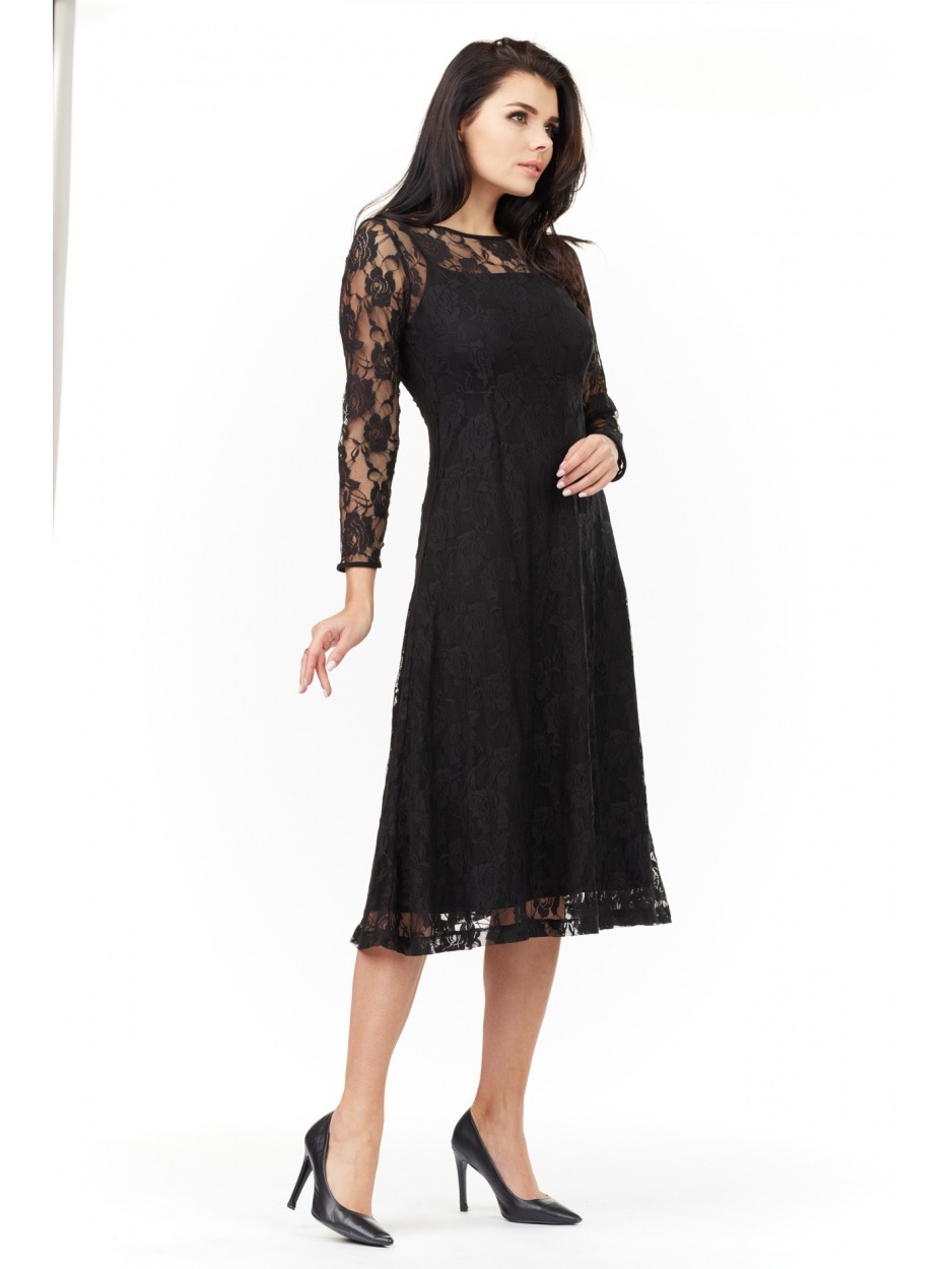 Elegancka, koronkowa sukienka rozkloszowana midi z długimi rękawami, czarna - lewo
