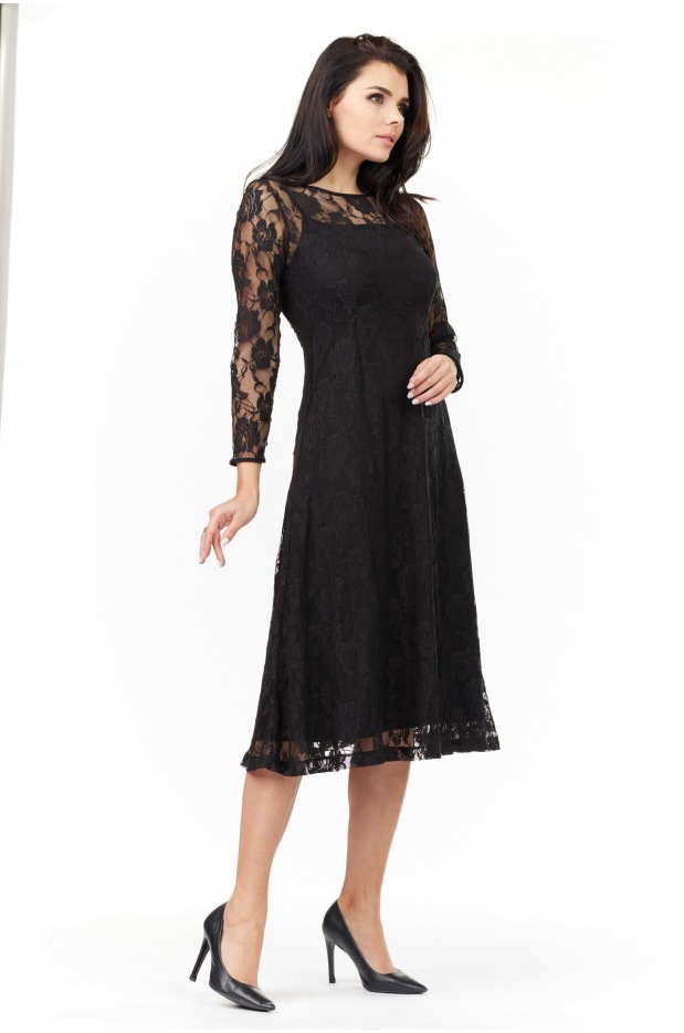 Elegancka, koronkowa sukienka rozkloszowana midi z długimi rękawami, czarna - lewo