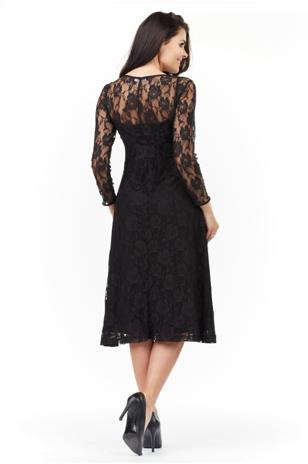 Elegancka, koronkowa sukienka rozkloszowana midi z długimi rękawami, czarna - detal