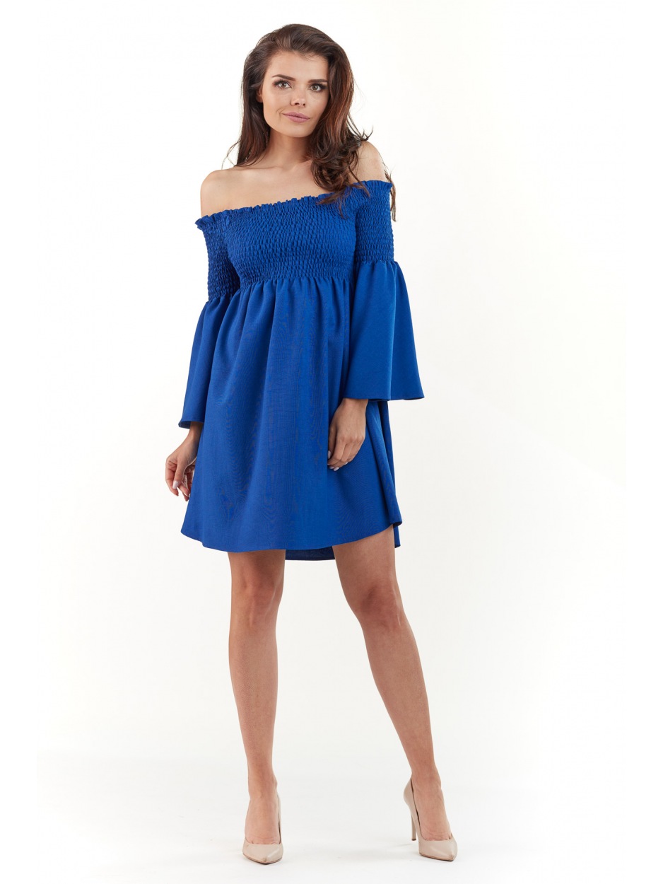 Letnia, zwiewna sukienka hiszpanka mini z długimi, szerokimi rękawami, niebieska - tył