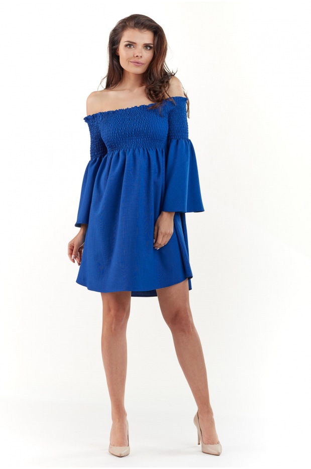Letnia, zwiewna sukienka hiszpanka mini z długimi, szerokimi rękawami, niebieska - tył