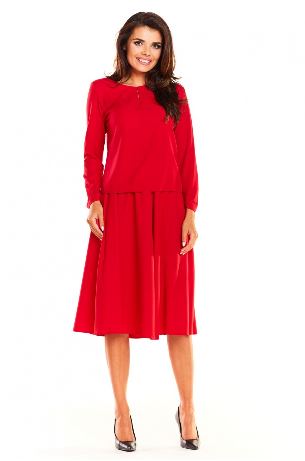 Elegancki komplet: luźna bluzka z długimi rękawami i rozkloszowana spódnica midi, czerwony - lewo
