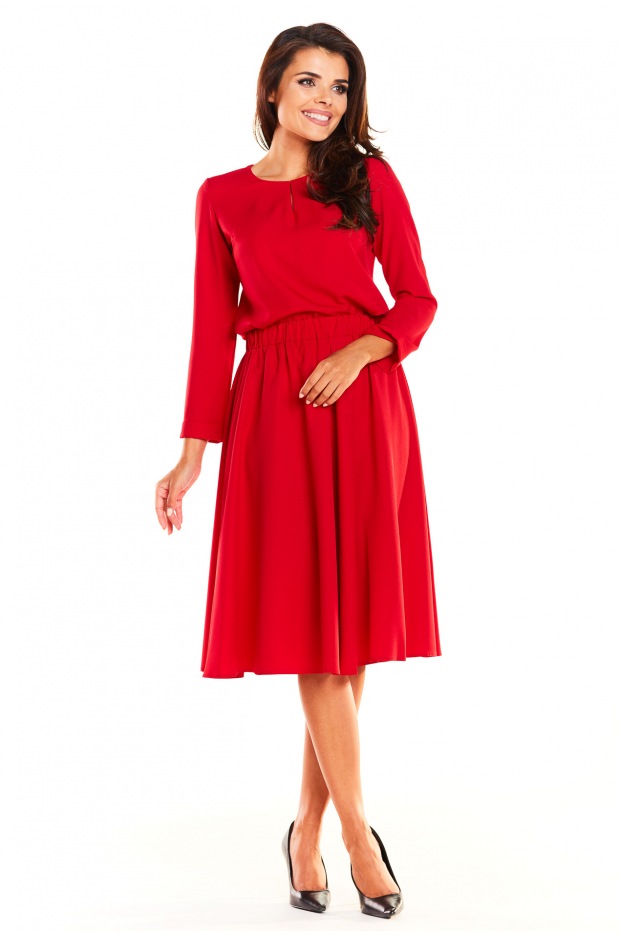 Elegancki komplet: luźna bluzka z długimi rękawami i rozkloszowana spódnica midi, czerwony - prawo