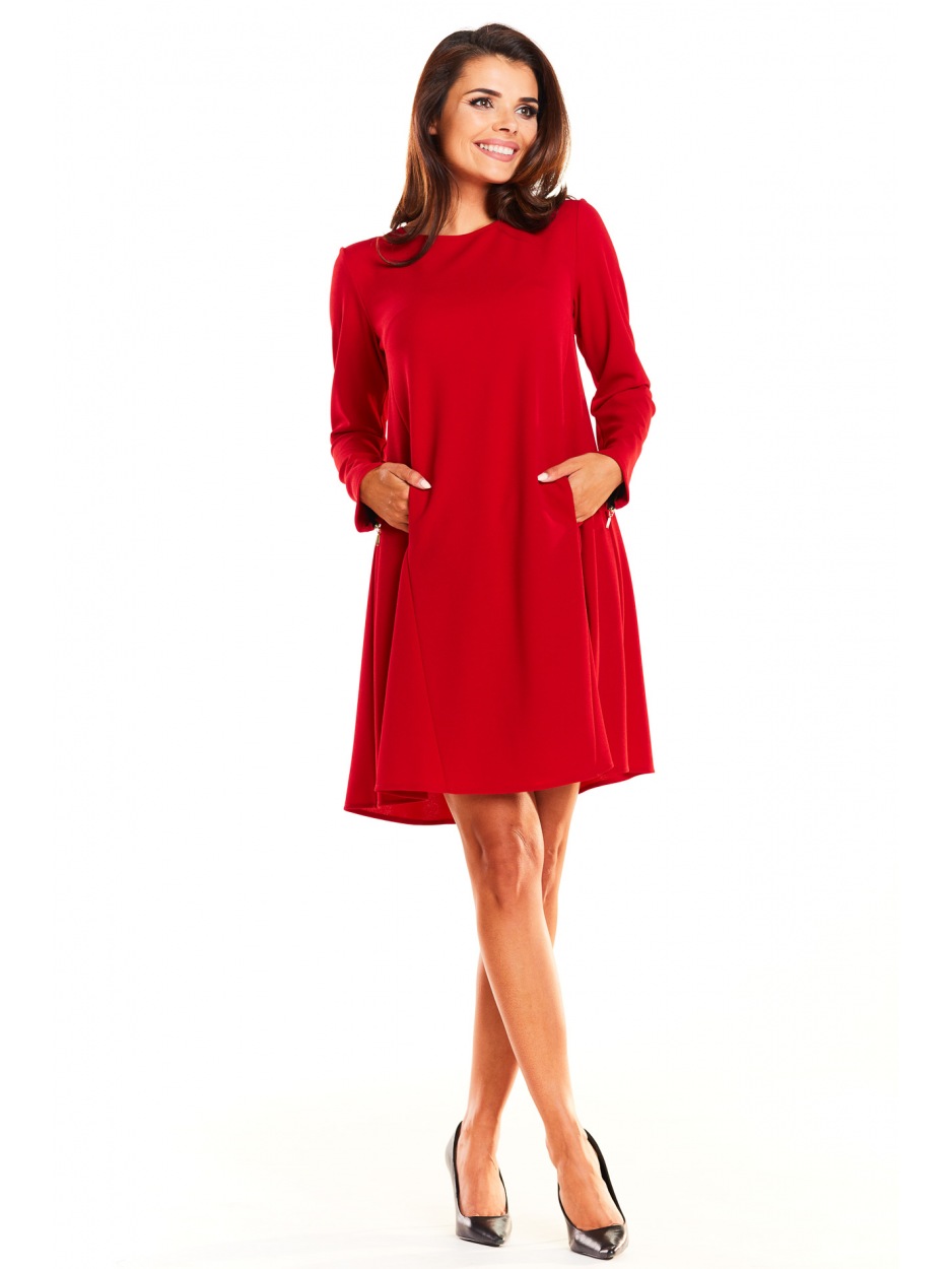 Luźna sukienka trapezowa z kieszeniami i długimi rękawami, czerwona - lewo