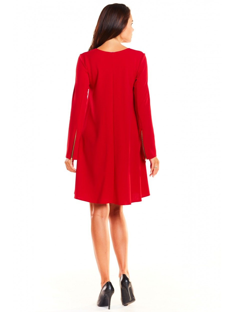 Luźna sukienka trapezowa z kieszeniami i długimi rękawami, czerwona - dół