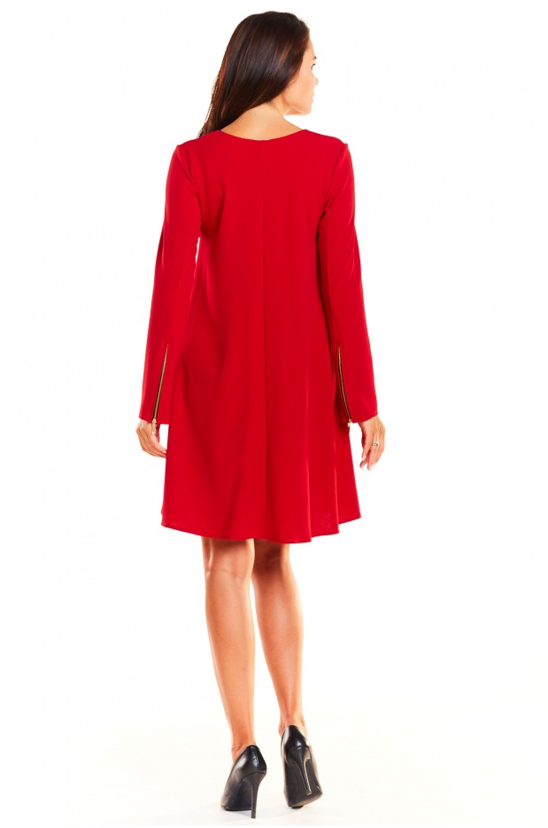 Luźna sukienka trapezowa z kieszeniami i długimi rękawami, czerwona - dół