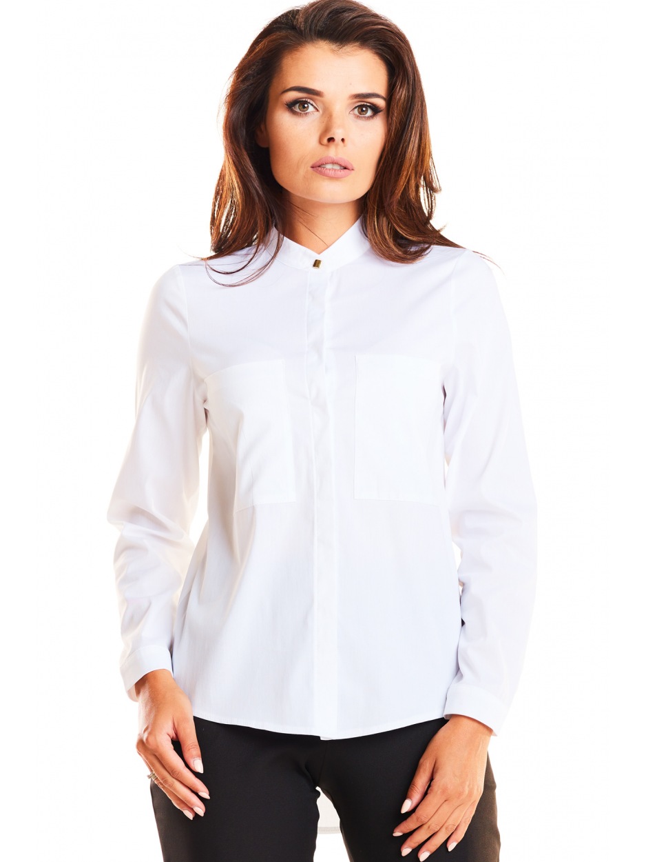 Elegancka koszula damska na stójce z bawełnianej tkaniny, biała - lewo
