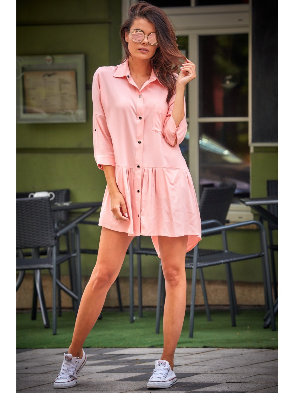 Asymetryczna, luźna sukienka koszulowa mini z wiskozy, pudrowy róż - bok