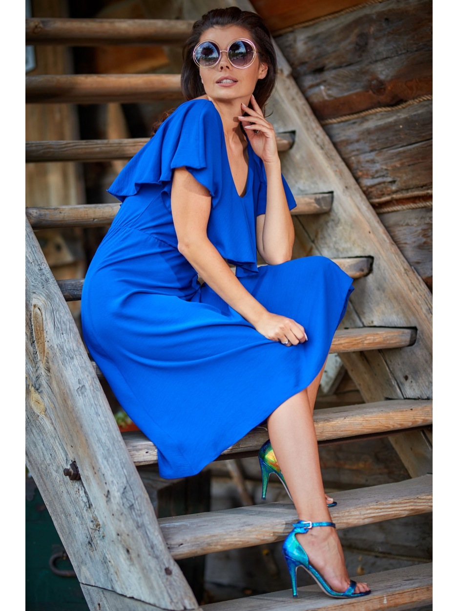 Elegancka, rozkloszowana sukienka midi z zakrytymi ramionami i dekoltem V, niebieska - tył
