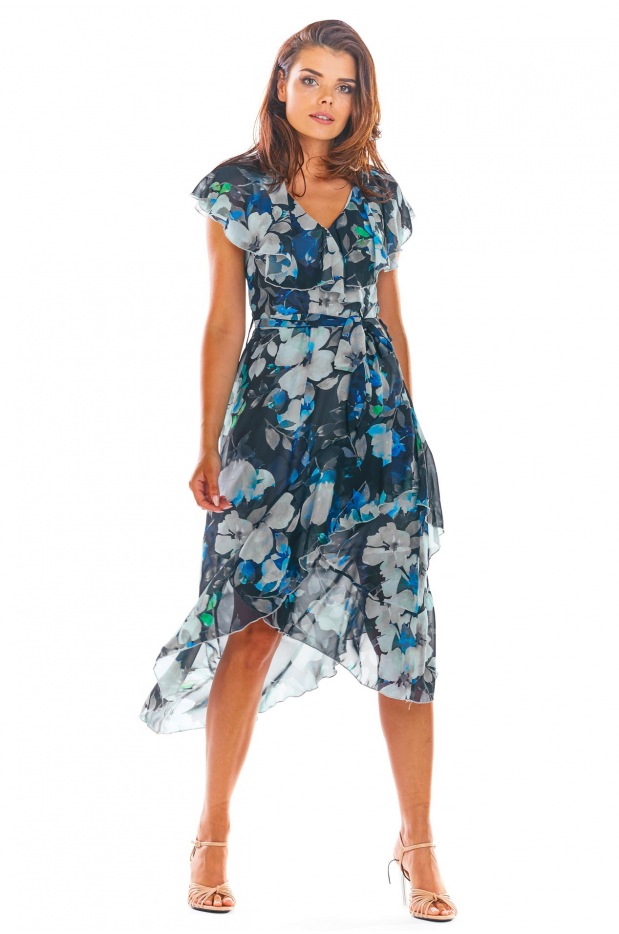 Asymetryczna sukienka z szyfonu na lato, granatowa - przód