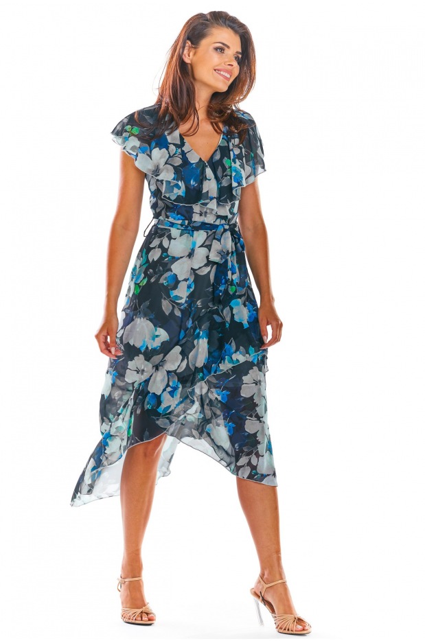 Asymetryczna sukienka z szyfonu na lato, granatowa - bok