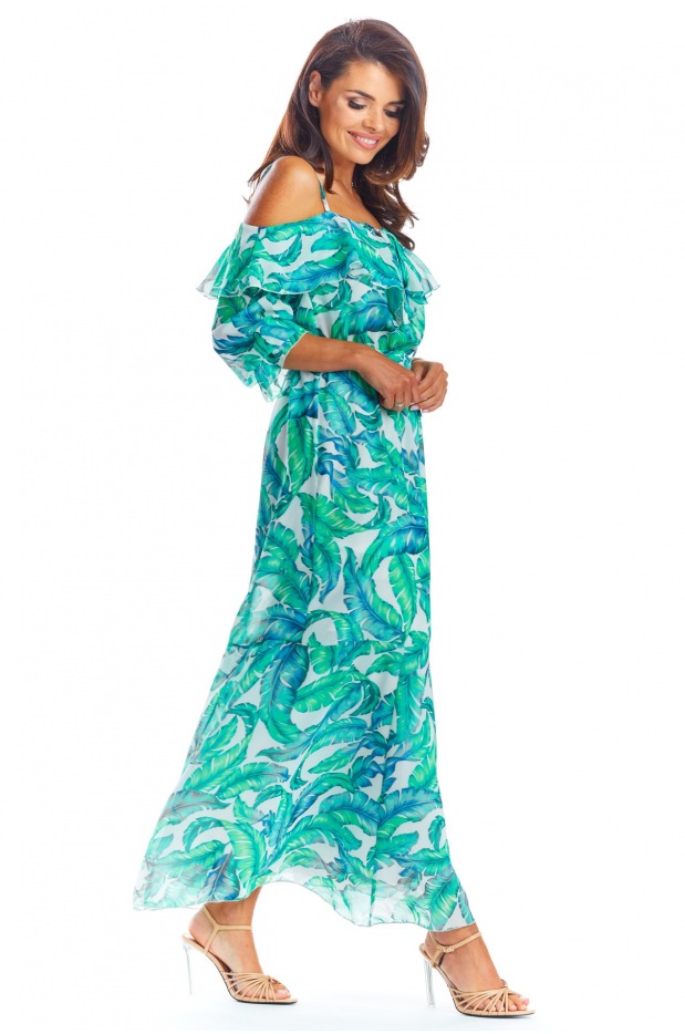 Zwiewna sukienka hiszpanka maxi z szyfonu, zielony print liście - przód