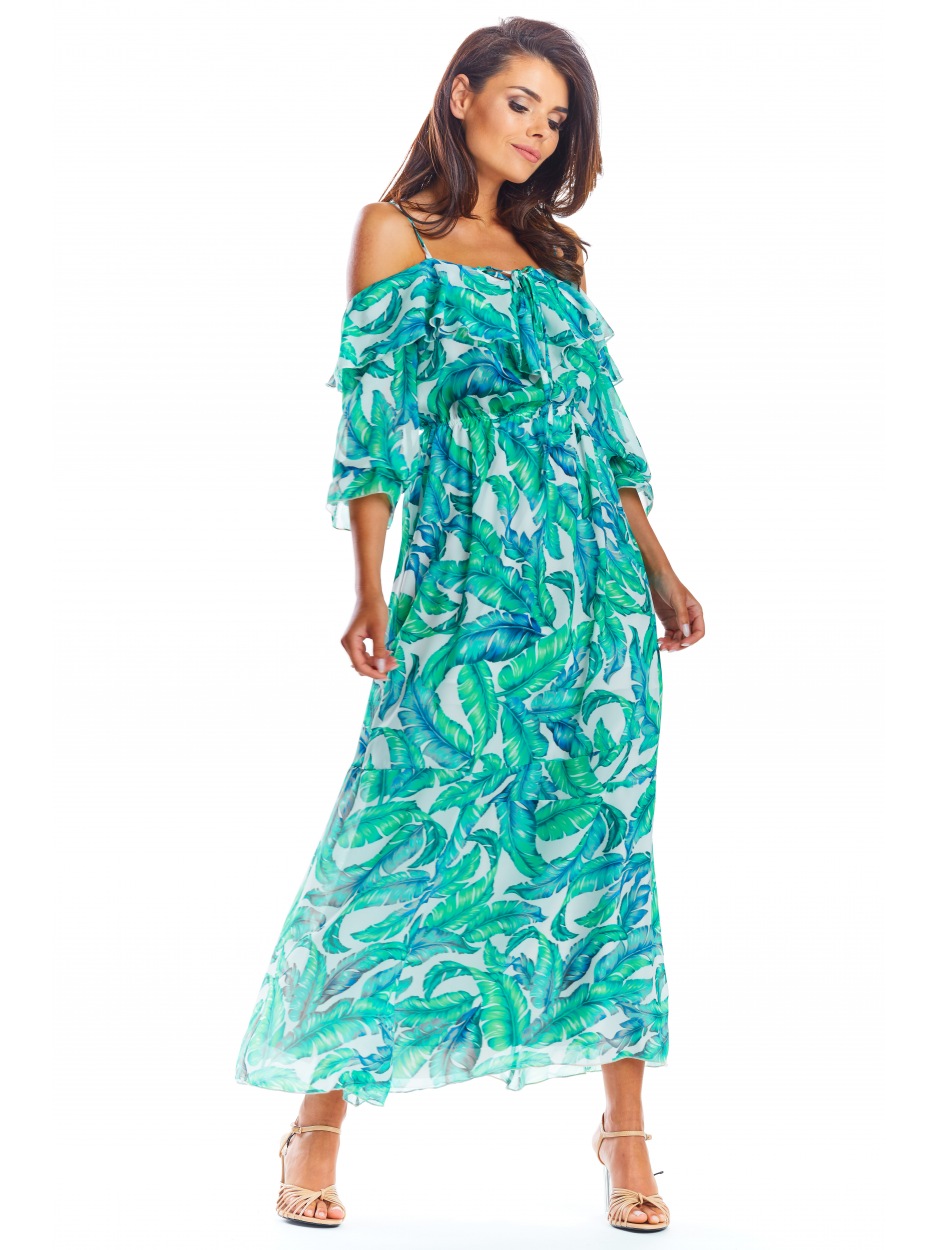 Zwiewna sukienka hiszpanka maxi z szyfonu, zielony print liście - prawo