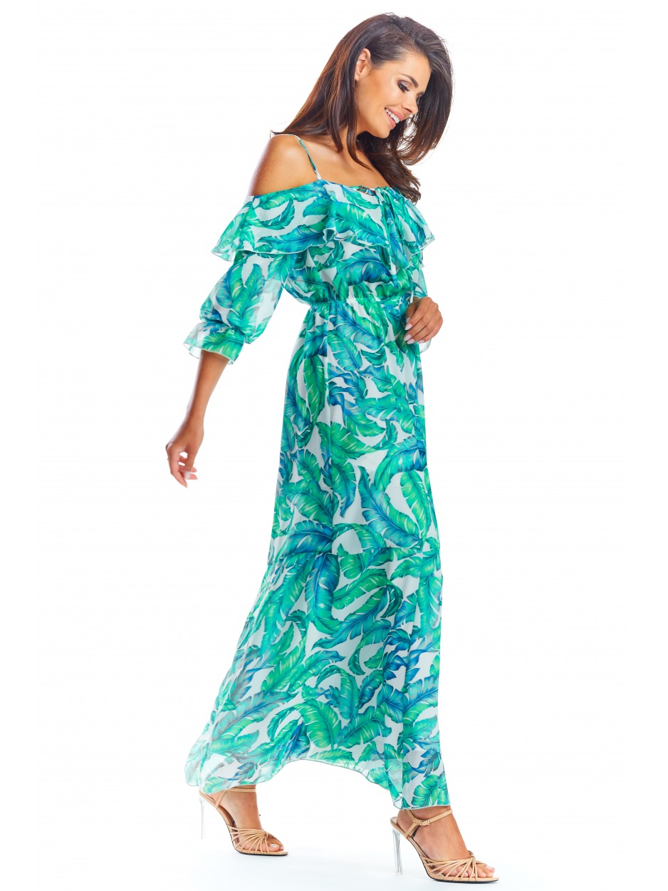 Zwiewna sukienka hiszpanka maxi z szyfonu, zielony print liście - dół