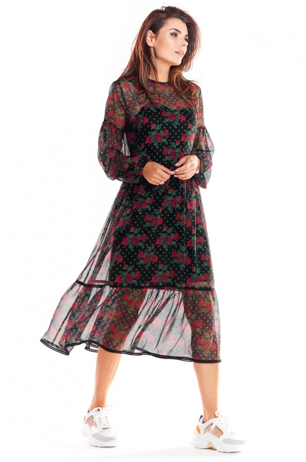 Luźna sukienka jesienna midi z szyfonu, wzór 1 - czarny w kwiaty - bok