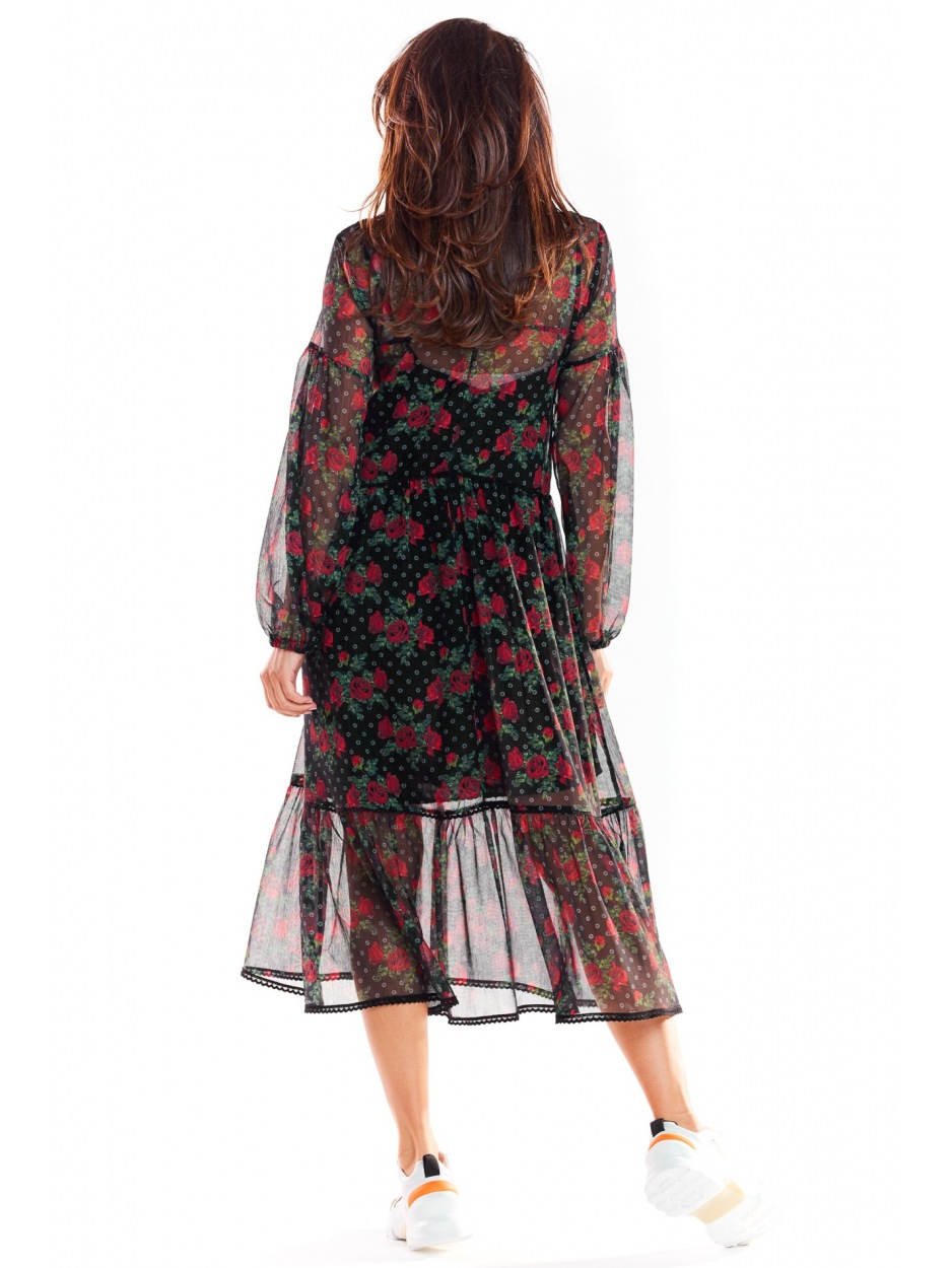 Luźna sukienka jesienna midi z szyfonu, wzór 1 - czarny w kwiaty - lewo