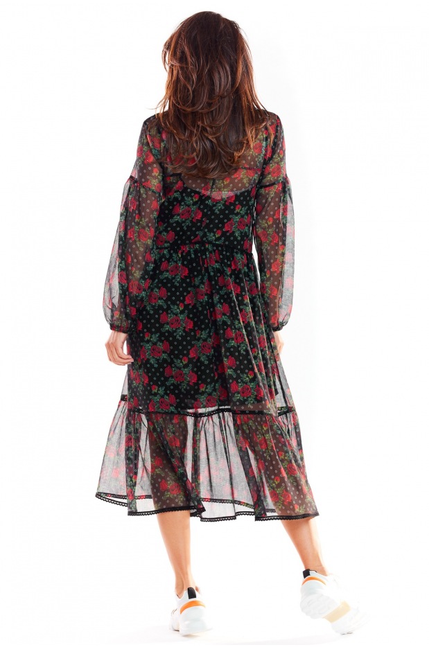Luźna sukienka jesienna midi z szyfonu, wzór 1 - czarny w kwiaty - lewo