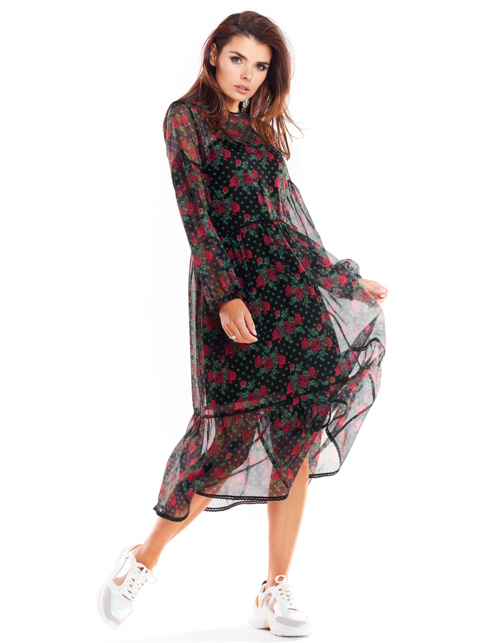 Luźna sukienka jesienna midi z szyfonu, wzór 1 - czarny w kwiaty - tył