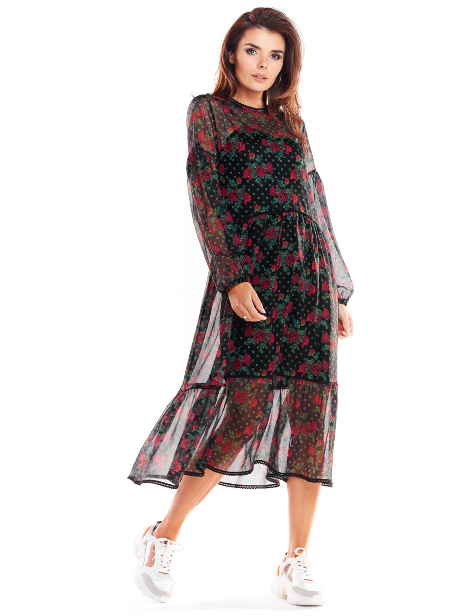 Luźna sukienka jesienna midi z szyfonu, wzór 1 - czarny w kwiaty - przód