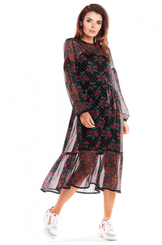 Luźna sukienka jesienna midi z szyfonu, wzór 1 - czarny w kwiaty - przód