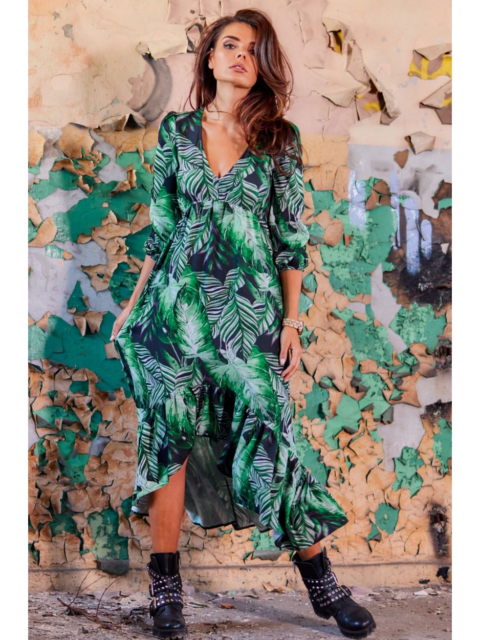 Asymetryczna, luźna sukienka jesienna midi z dekoltem V, zielone liście - tył