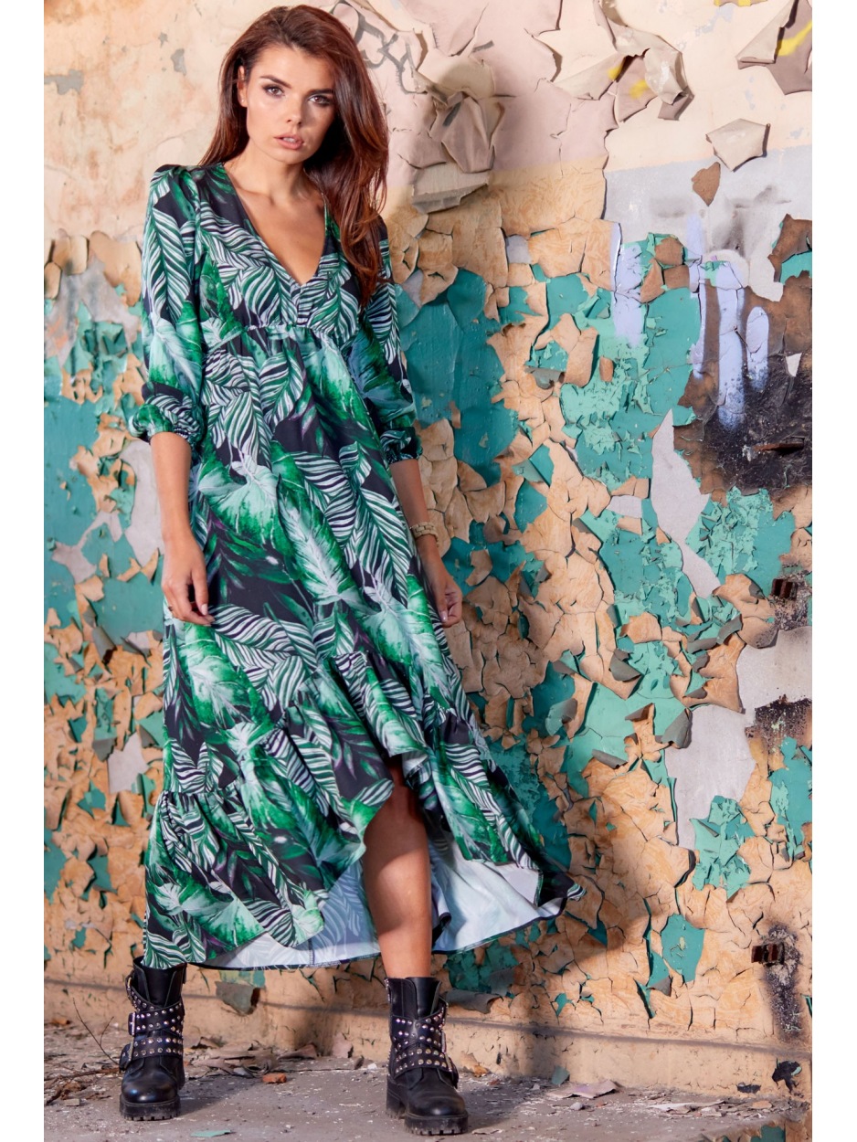 Asymetryczna, luźna sukienka jesienna midi z dekoltem V, zielone liście - przód