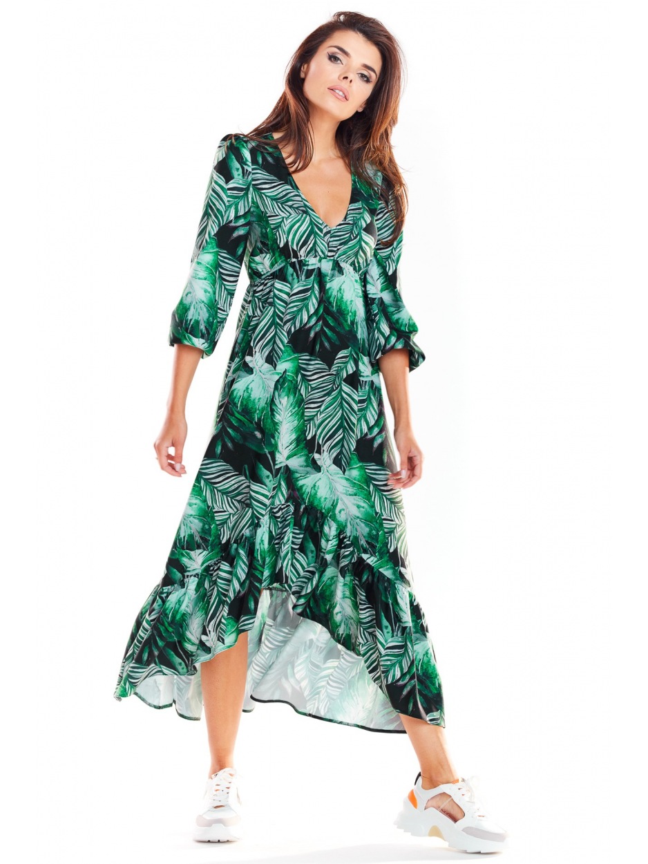 Asymetryczna, luźna sukienka jesienna midi z dekoltem V, zielone liście - bok