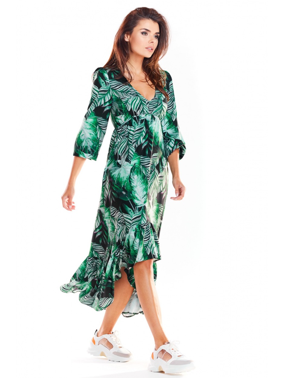 Asymetryczna, luźna sukienka jesienna midi z dekoltem V, zielone liście - lewo