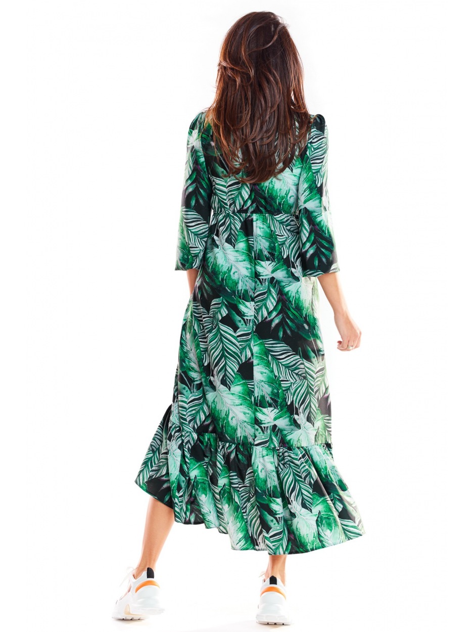 Asymetryczna, luźna sukienka jesienna midi z dekoltem V, zielone liście - prawo