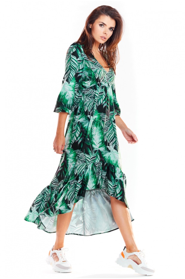 Asymetryczna, luźna sukienka jesienna midi z dekoltem V, zielone liście - detal