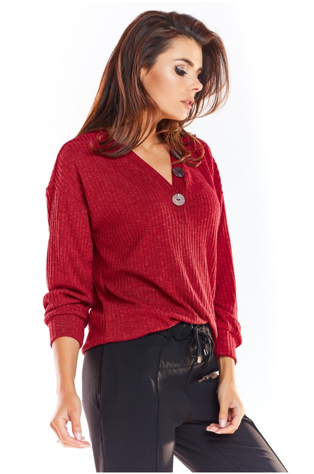 Luźny sweter z dekoltem V, bordowy - przód