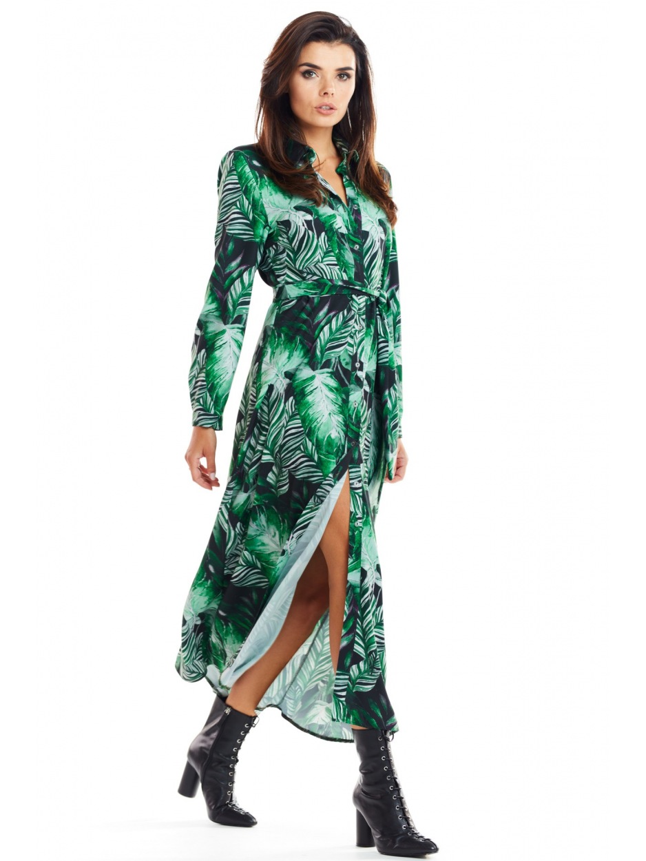Sukienka koszulowa maxi z długim rękawem w zielony print - przód
