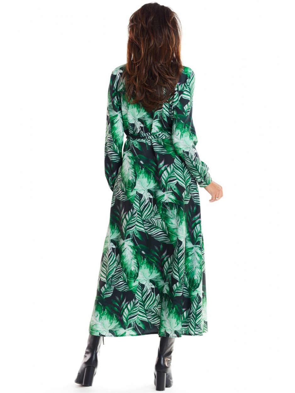 Sukienka koszulowa maxi z długim rękawem w zielony print - bok