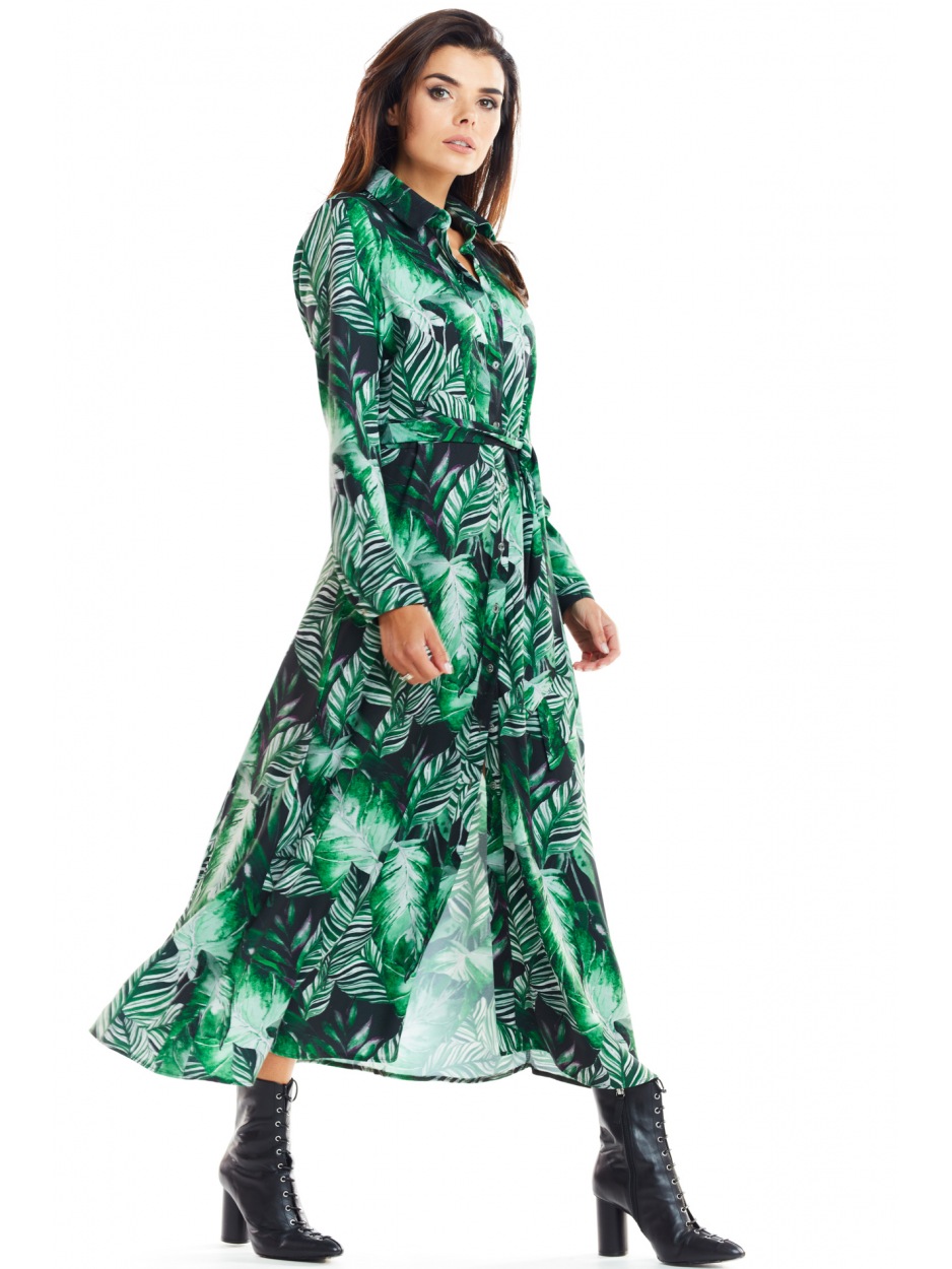 Sukienka koszulowa maxi z długim rękawem w zielony print - lewo