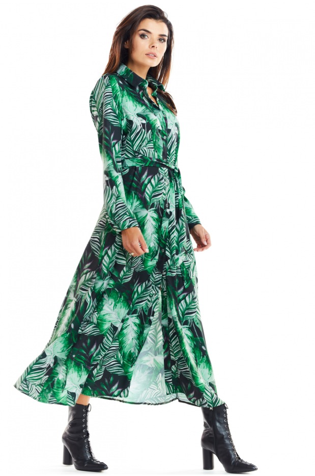 Elegancka Sukienka w Kolorze Zielonym z Wysmakowanym Printem – Ponadczasowa Elegancja - lewo